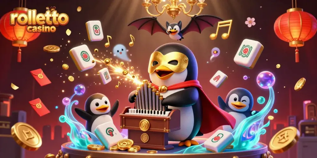 rolletto casino offers exciting gameplay with a dynamic illustration of a penguin organist, golden coins, and festive elements