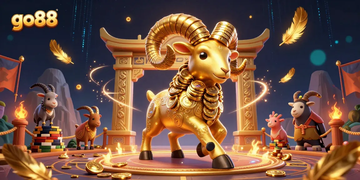 Experience thrilling actions at go88 with a massive golden ram charging through a vibrant casino arena.