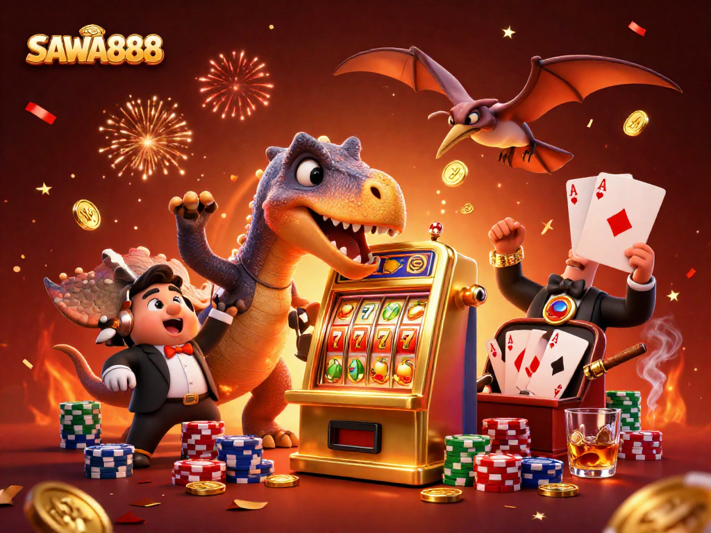 Experience thrills at SAWA888 as dinosaur characters interact with a jackpot slot machine amidst vibrant casino elements.