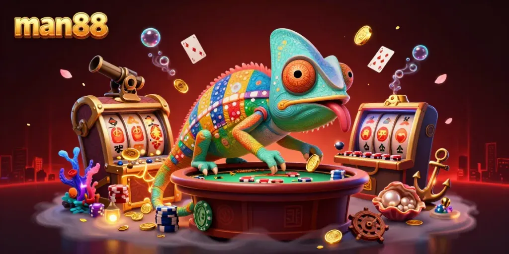 Players at man88 enjoy a dynamic casino scene with a colorful chameleon and engaging game elements.