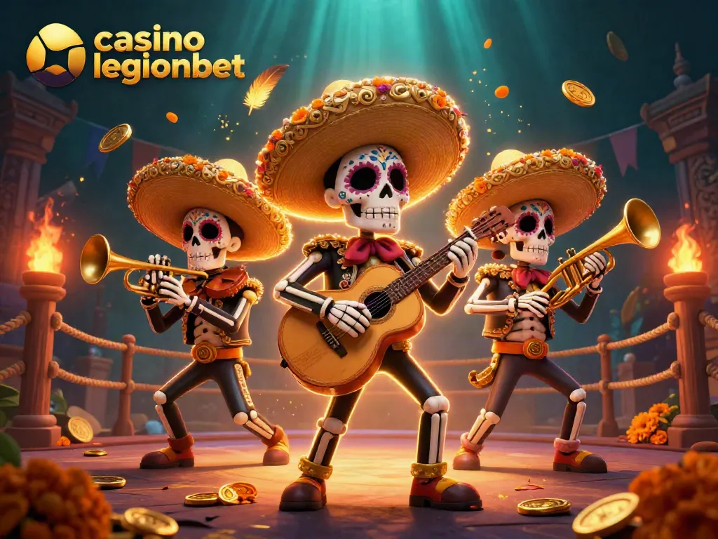 Engage in the casino legionbet experience with vibrant, festive elements and 3D mariachi characters.