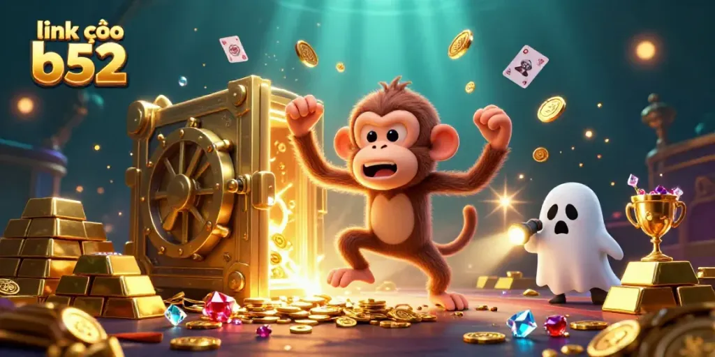 Engage with the thrilling link vào b52 in a vibrant haunted casino scene featuring a playful poltergeist monkey and a curious puppy.