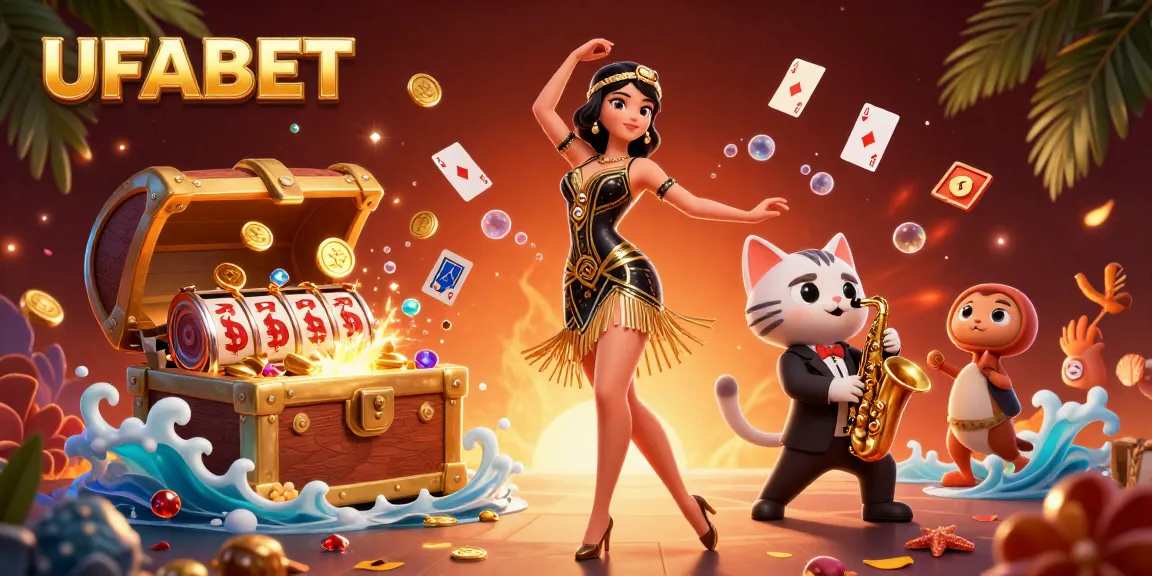 Experience the excitement at UFABET by spinning slots and winning big in a vibrant casino illustration.