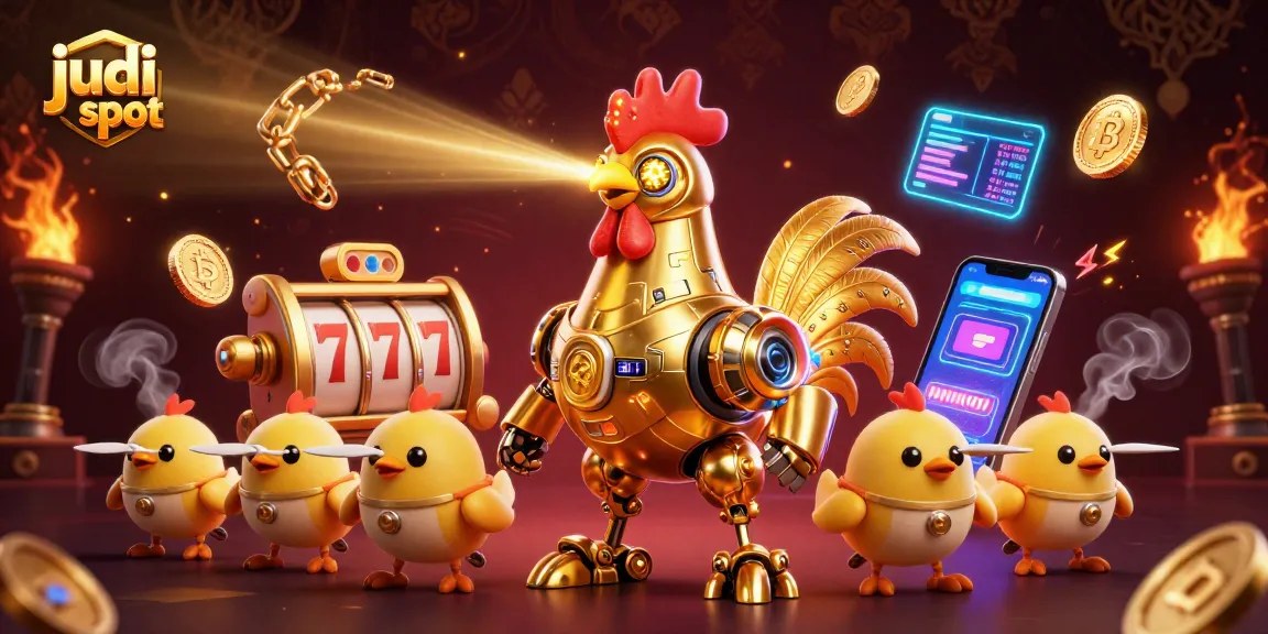Engage in thrilling judi slot games with a lively scene featuring playful slot symbols and a golden rooster robot.
