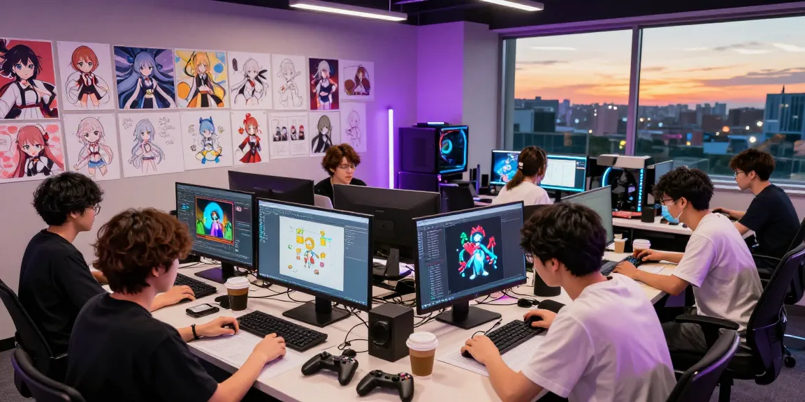 Team developing ecchigames in a vibrant game studio filled with character designs and tech.