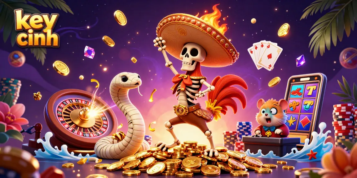 Celebrate your wins with key chính in this vibrant casino scene featuring a mariachi rooster and a mummy snake DJ.