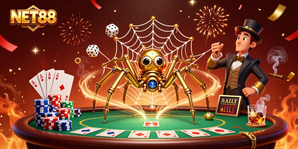 NET88 showcases a vibrant 3D illustration featuring gaming elements and characters in a dynamic casino scene.