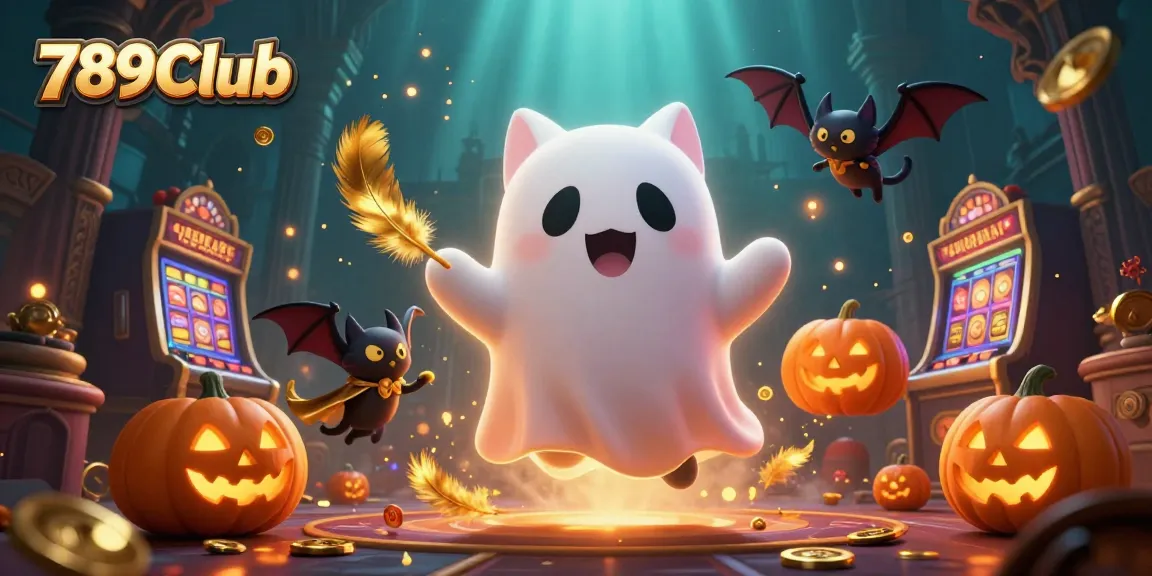 Engage with thrilling gaming at 789Club, featuring a lively ghost cat and vibrant casino elements.