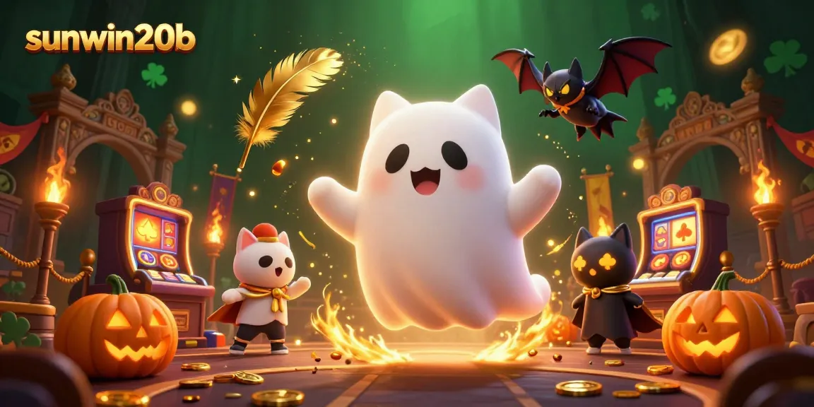 Experience thrilling gaming adventure at sunwin20b with ghost cat and vampire bat in this vibrant casino scene.